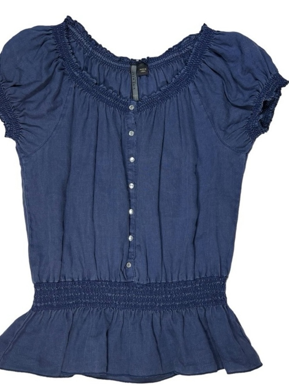 Womens Navy Blue Button-Front Peplum Top